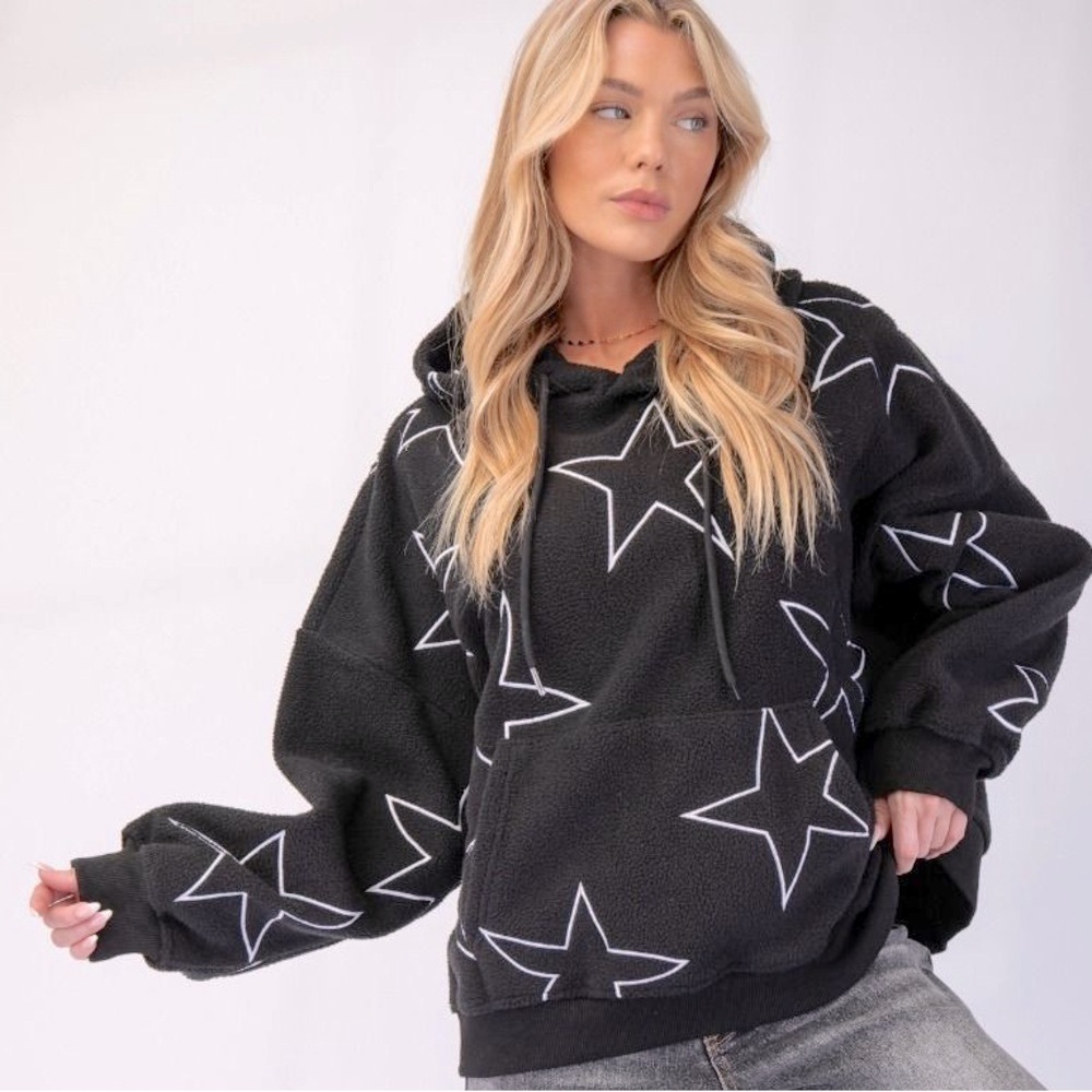 Sweatshirt Black Fleece Hoodie White Star Embroidered